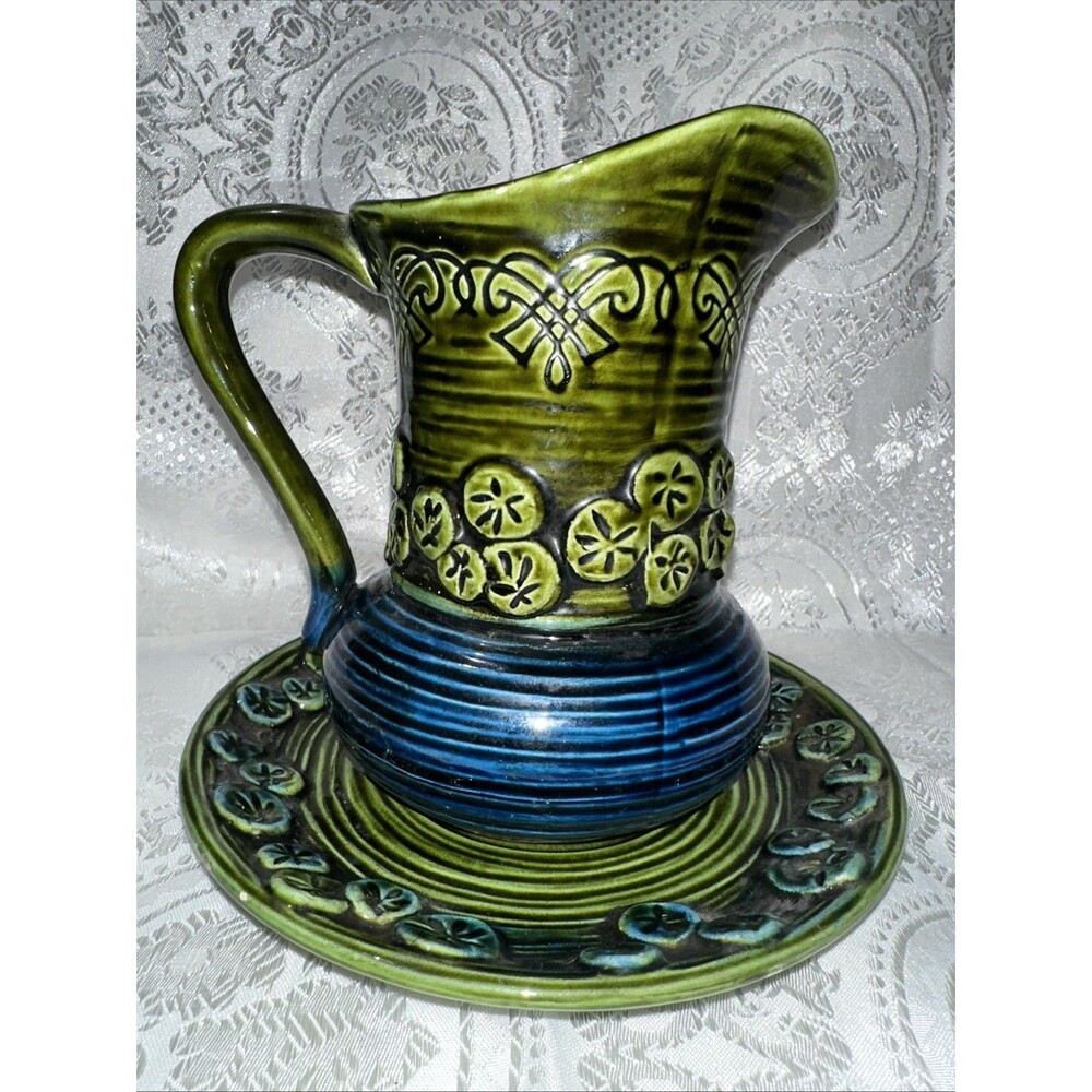 Mid Century Modern Pitcher Underplate Green Blue Inarco Japan Vintage 2 Piece